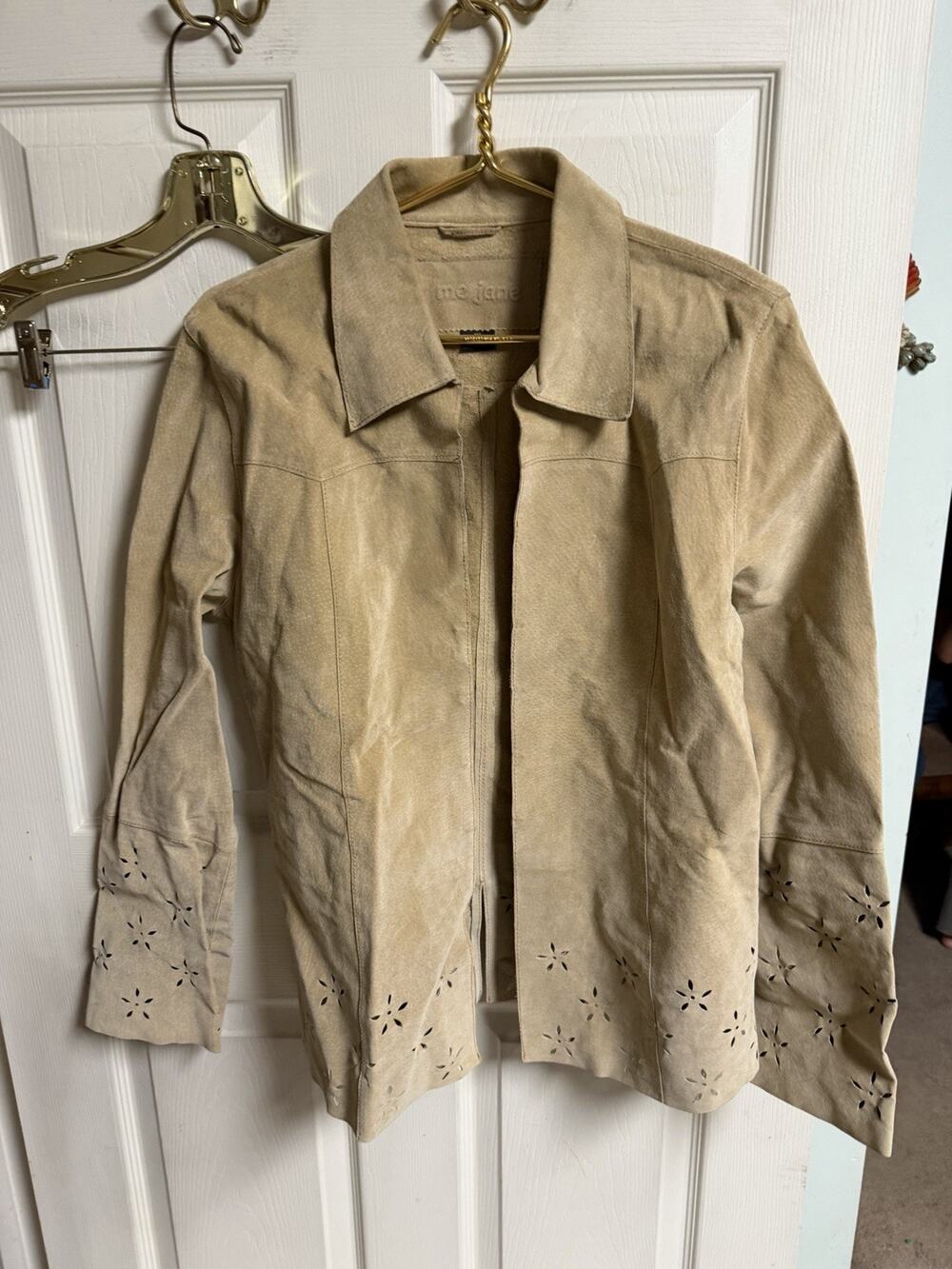 Vintage Leather Jacket Tan Beige Suede Floral Cut Out Western Y2K Sz XL 38x27